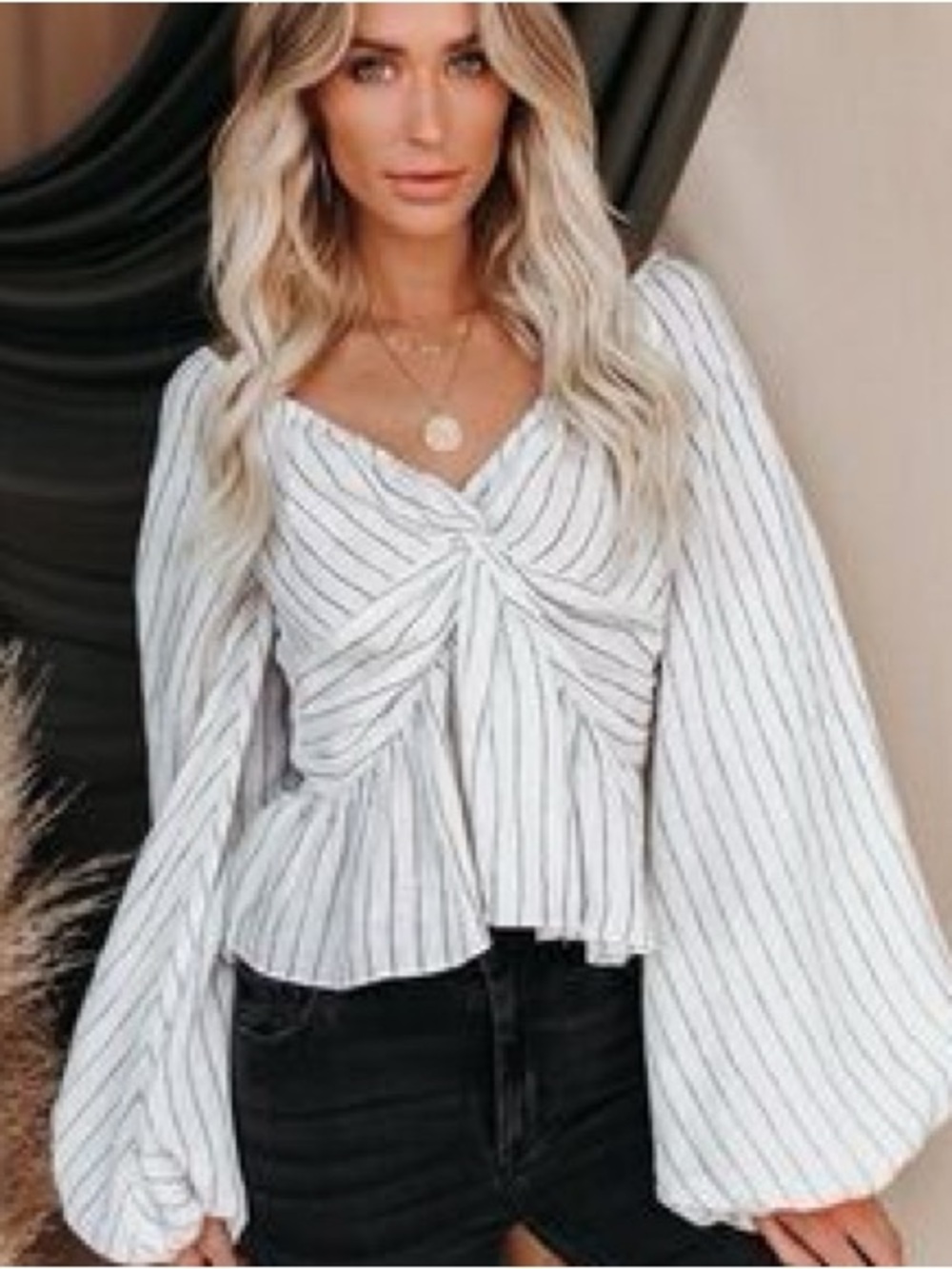 Vici Striped White Twist-Front Balloon Long-Sleeve Top